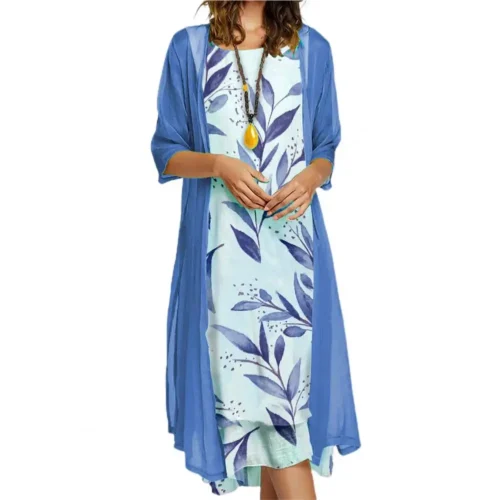 Feminino 1 conjunto elegante vintage em torno do pescoço vestido de duas peças senhoras vestido conjunto floral impressão para festa - Imagem 7