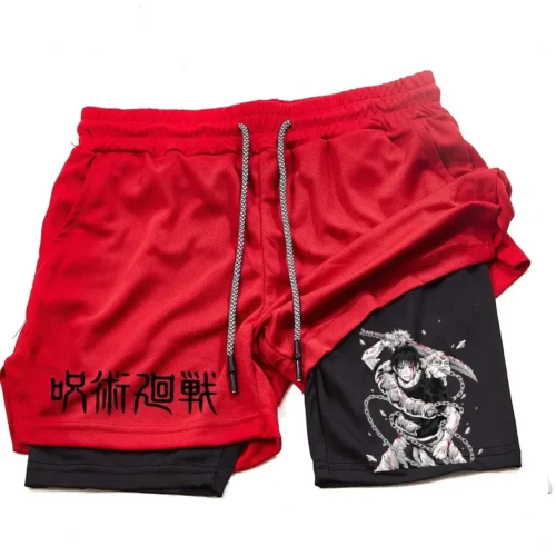 Calções de Anime Performance Masculina, Estampada Toji, Ginásio, Casual, Esportes, Treino, Corrida, Malha, Calça curta esportiva 2 em 1 - Imagem 14