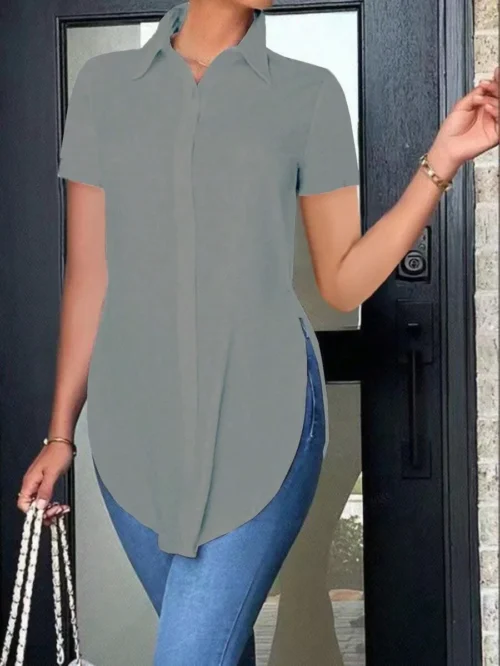 Blusas femininas verão casual branco camisa de manga curta moda ol lapela irregular camisas finas roupas femininas streetwear topos - Imagem 26