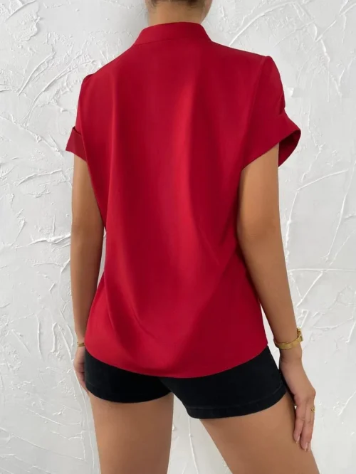 2024 verão com decote em v camisa feminina casual senhora do escritório cor sólida manga curta único breasted elegante blusa feminina femme blusas - Imagem 18