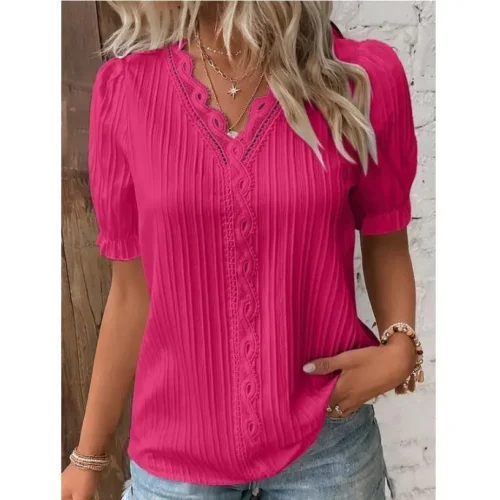 Verão feminino novo topo 2024 sólido sexy com decote em v oco camisa de manga curta moda splice plus size blusa solta vestuário rua - Imagem 14
