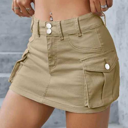 Saia jeans de cintura baixa feminina com bolsos, mini vestido emendado, ajuste justo, envoltório sexy, nádegas, monocromático, rua alta, monocromático, 2021