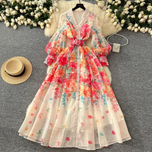 Palácio floral maxi vestido feminino verão férias vestidos longos camisa 2025 primavera manga cheia único breasted pérolas festa vestidos - Imagem 8