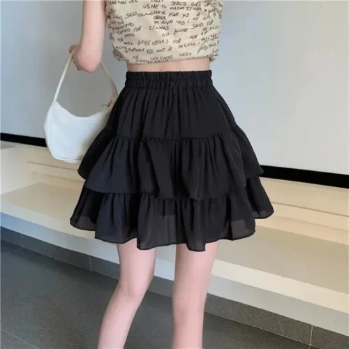 Mini saia de babados brancos para mulheres, cintura elástica, linha A, solta, estilo preppy, fofa, curta, plissada, moda coreana, kawaii - Imagem 4