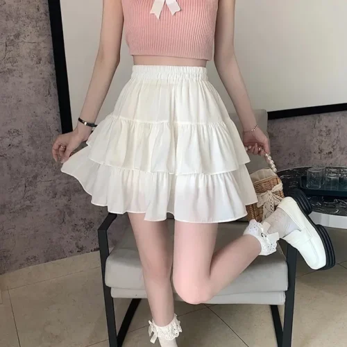 Mini saia de babados brancos para mulheres, cintura elástica, linha A, solta, estilo preppy, fofa, curta, plissada, moda coreana, kawaii - Imagem 22