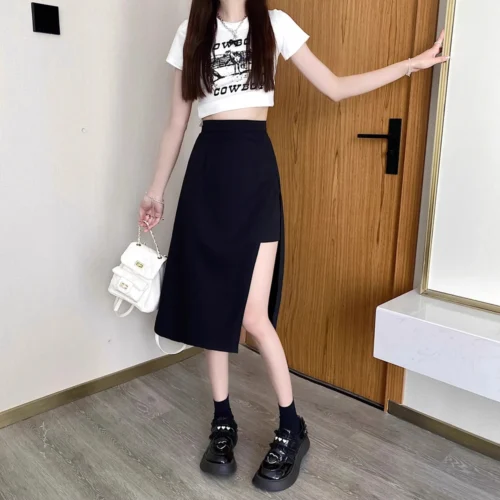 Saia preta de fenda irregular de cintura alta feminina, verão, comprimento médio, linha A, Harajuku, vintage, roupas femininas, novo, 2023 - Imagem 6