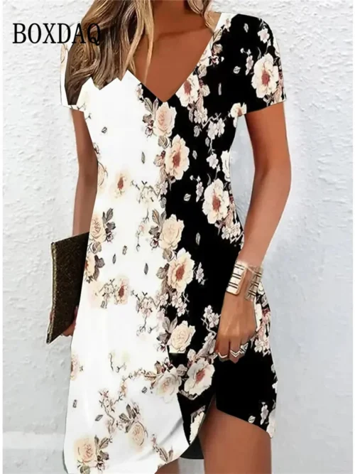 Vintage feminino midi vestidos para 2024 estilo étnico floral impressão vestido solto plus size casual manga curta pulôver com decote em v vestido - Imagem 2