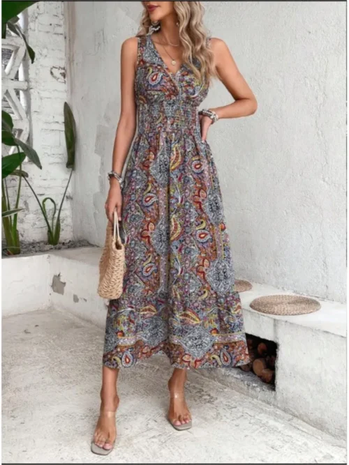 Verão boho vestidos femininos fahsion sem mangas impressão praia vestidos de festa 2024 elegante casual férias para mulher longo a linha vestido - Imagem 6