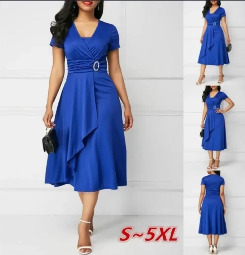 Vestidos de verão elegantes femininos cor sólida manga curta com decote em v assimétrico bainha cintura apertada midi vestido de festa senhoras vestidos de noite - Imagem 16