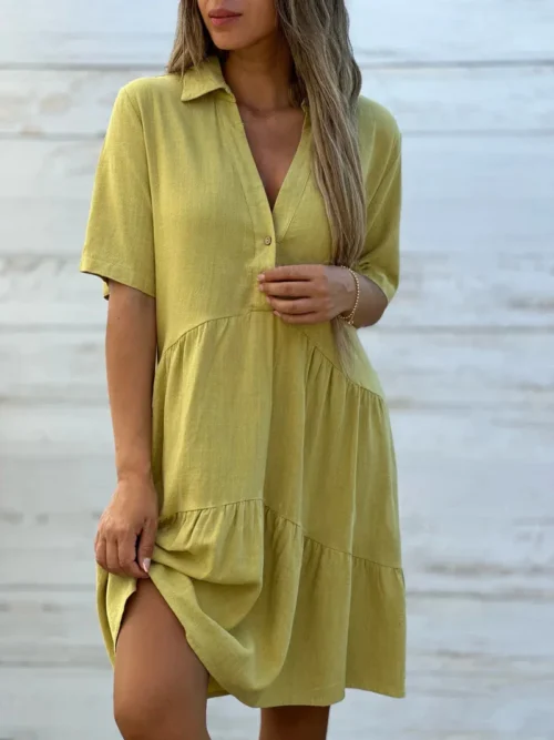 Moda manga curta branco algodão linho vestido feminino 2024 verão solto casual botões vestidos confortáveis para mulher robe femme - Imagem 4