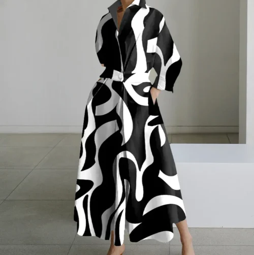 Vestido de outono manga longa dot print elegante maxi vestidos para as mulheres 2024 branco casual com decote em v camisa festa vestido longo robe femme - Imagem 14