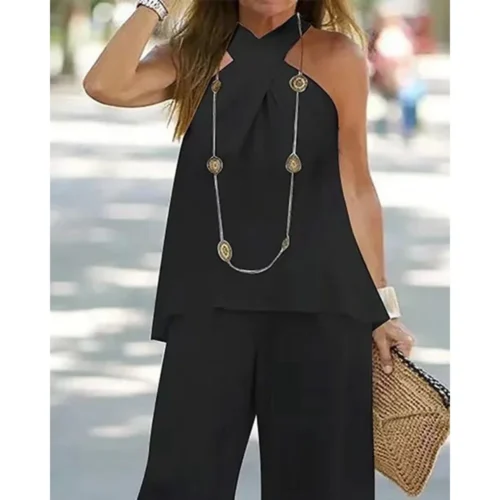 Conjunto de calças de cintura alta e top sem mangas com decote em v feminino, agasalho solto, roupas halter, moda casual, 2 peças - Imagem 15