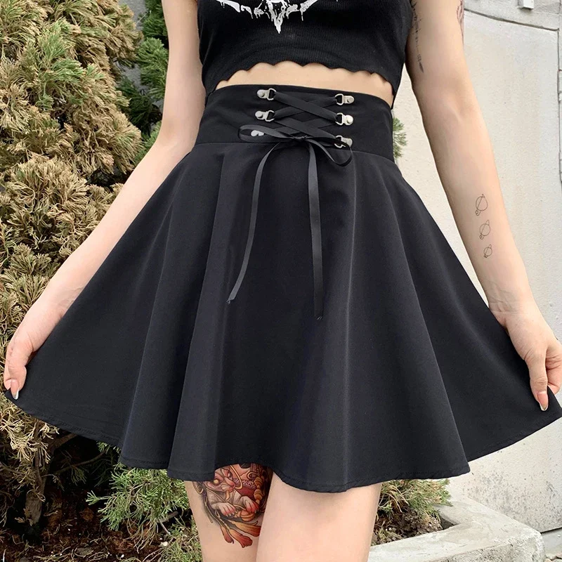 Feminino básico versátil queimado casual mini saia skater cintura alta escola goth punk saia preta harajuku