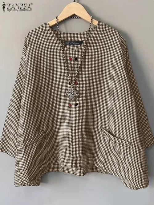 Zanzea casual solto blusa feminina verão em torno do pescoço camisa verificado impresso bolso 3/4 manga topos harajuku simples blusas - Imagem 2