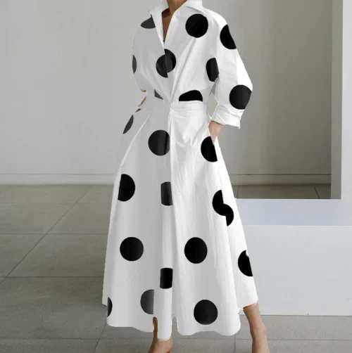 Vestido de outono manga longa dot print elegante maxi vestidos para as mulheres 2024 branco casual com decote em v camisa festa vestido longo robe femme - Imagem 13