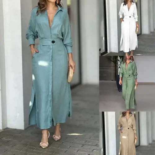 Vestido feminino 2024 outono nova moda elegante manga longa lazer tempo cor sólida decote em v sexy senhoras camisa vestidos mschuh S-3XL - Imagem 15