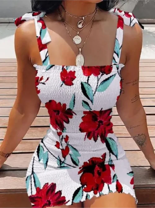 Verão sexy magro vestido de impressão moda feminina cinta espaguete pacote elegante quadris bodycon mini vestidos femlae praia vestido de festa