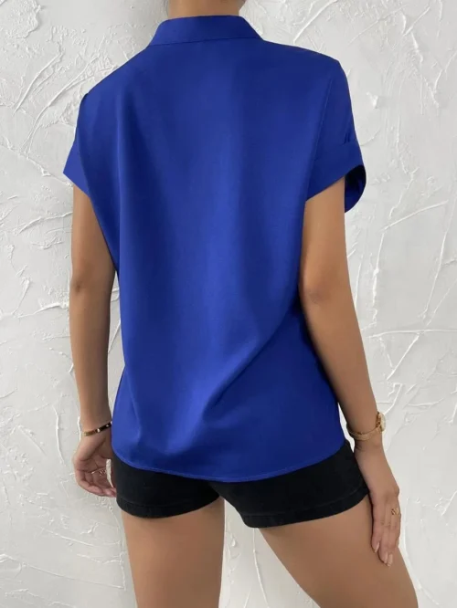 2024 verão com decote em v camisa feminina casual senhora do escritório cor sólida manga curta único breasted elegante blusa feminina femme blusas - Imagem 12