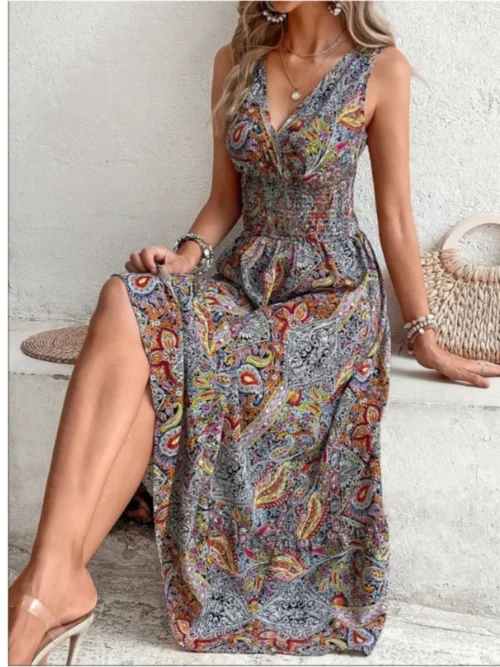 Verão boho vestidos femininos fahsion sem mangas impressão praia vestidos de festa 2024 elegante casual férias para mulher longo a linha vestido - Imagem 3