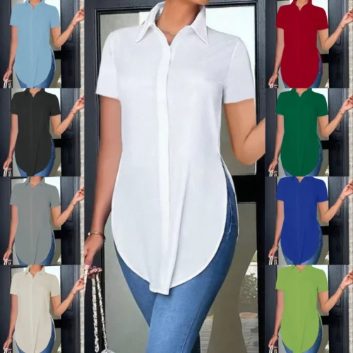 Blusas femininas verão casual branco camisa de manga curta moda ol lapela irregular camisas finas roupas femininas streetwear topos - Imagem 19