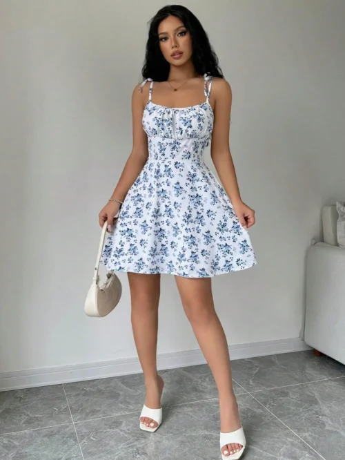 Vestido curto de praia com alça espaguete floral de verão feminino, mini vestido feminino, roupas femininas, vestidos vermelhos, vestido, novo vestido 2025 - Imagem 13