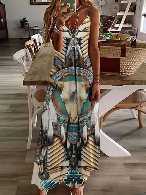 2024 novo vestido de estampa vintage de coruja 3D, sem mangas, longo, feminino, padrão tribal, pulseira de espaguete, verão, vestido longo e solto - Imagem 19