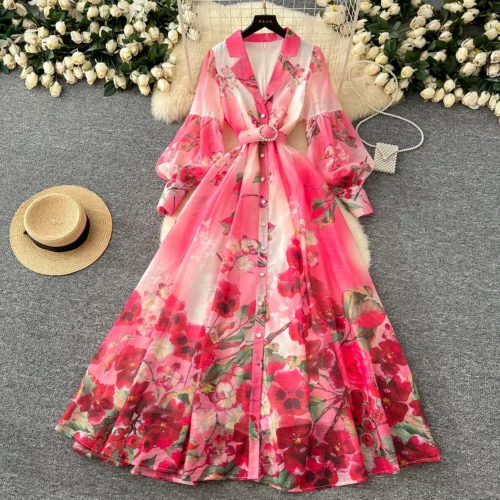 Palácio floral maxi vestido feminino verão férias vestidos longos camisa 2025 primavera manga cheia único breasted pérolas festa vestidos - Imagem 7