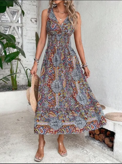 Verão boho vestidos femininos fahsion sem mangas impressão praia vestidos de festa 2024 elegante casual férias para mulher longo a linha vestido - Imagem 17