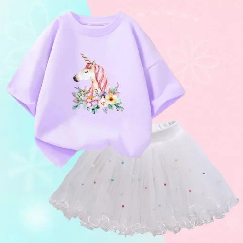 Conjunto de duas peças feminino, saia de malha tutu e camiseta, roupa de festa infantil, bonita coreana, moda verão, 3-14 anos - Imagem 34