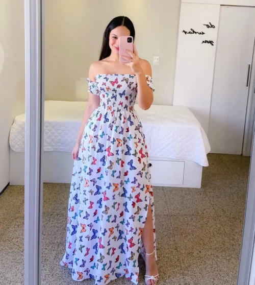 Elegante feminino fora do ombro midi vestido 2024 verão moda vestidos de cintura alta flor impressão manga curta vestidos robe roupas - Imagem 20