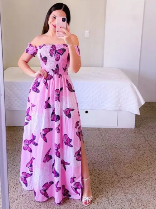 Elegante feminino fora do ombro midi vestido 2024 verão moda vestidos de cintura alta flor impressão manga curta vestidos robe roupas - Imagem 5