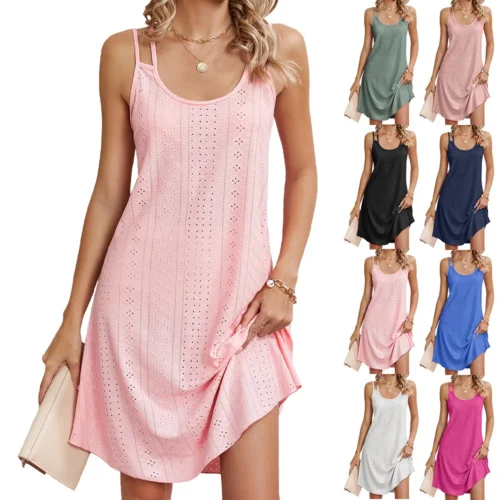 Nova cor sólida feminina em torno do pescoço suspender solto sem mangas vestido moda verão sexy sem costas praia férias vestido curto 2025