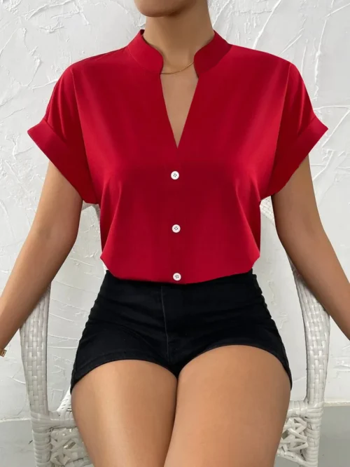 2024 verão com decote em v camisa feminina casual senhora do escritório cor sólida manga curta único breasted elegante blusa feminina femme blusas - Imagem 17