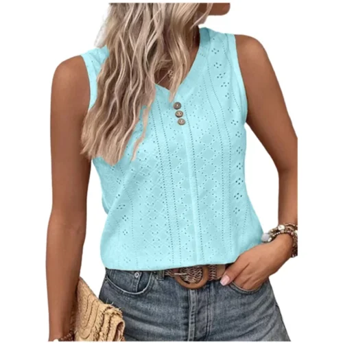 Blusas femininas de verão oversized com decote em v cor sólida sexy tanque oco botão camisas soltas elegante doce casual sem mangas topos - Imagem 5