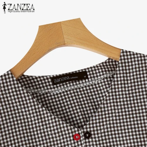 Zanzea casual solto blusa feminina verão em torno do pescoço camisa verificado impresso bolso 3/4 manga topos harajuku simples blusas - Imagem 18