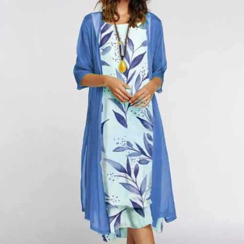 Feminino 1 conjunto elegante vintage em torno do pescoço vestido de duas peças senhoras vestido conjunto floral impressão para festa - Imagem 3
