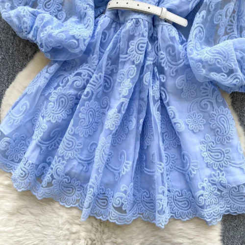Francês doce decote em v lanterna manga mini vestido de verão feminino bordado flor malha retalhos cinto casual praia a linha festa robes - Imagem 15