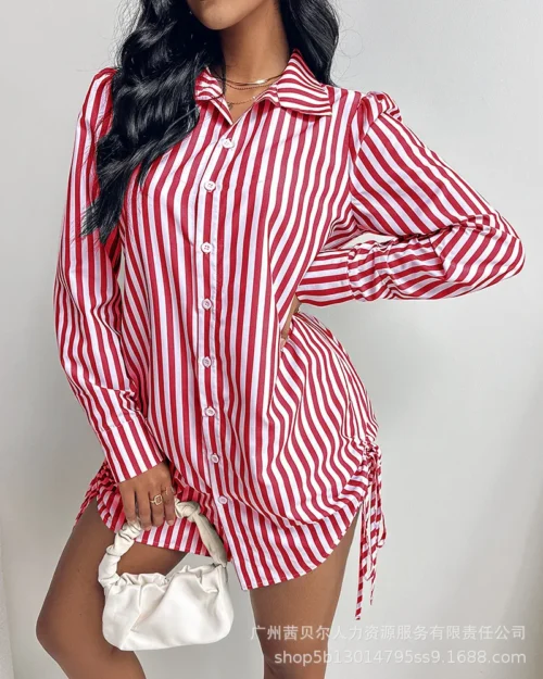 Mulheres xadrez manga longa lado plissado camisa com cordão vestido moda casual único breasted mini vestido camisas - Imagem 10