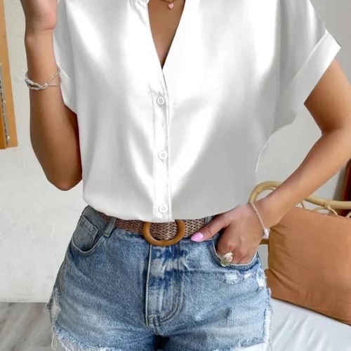 2024 verão com decote em v camisa feminina casual senhora do escritório cor sólida manga curta único breasted elegante blusa feminina femme blusas