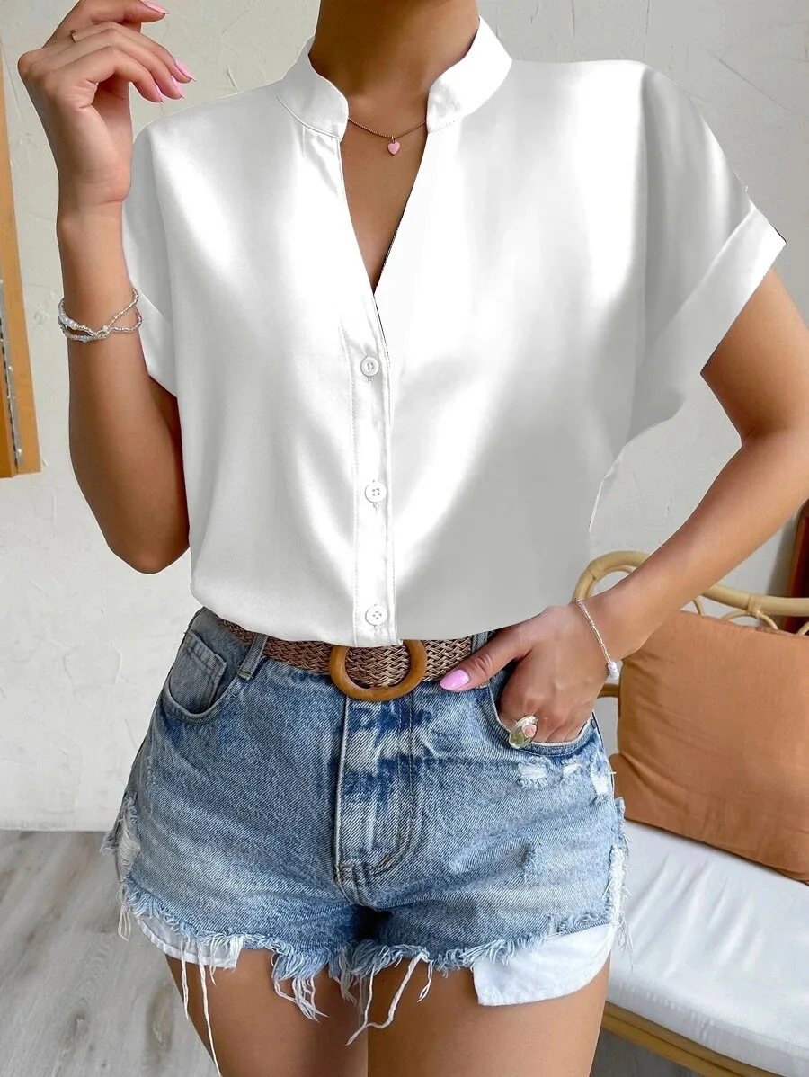 2024 verão com decote em v camisa feminina casual senhora do escritório cor sólida manga curta único breasted elegante blusa feminina femme blusas