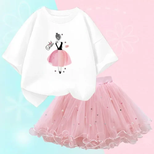 Conjunto de duas peças feminino, saia de malha tutu e camiseta, roupa de festa infantil, bonita coreana, moda verão, 3-14 anos - Imagem 2