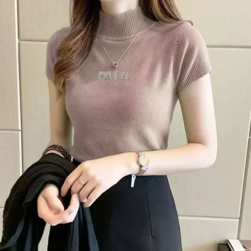 Moda mulher blusas de manga curta verão topos blusa feminina gola alta blusa de malha camisa feminina topos blusas - Imagem 11