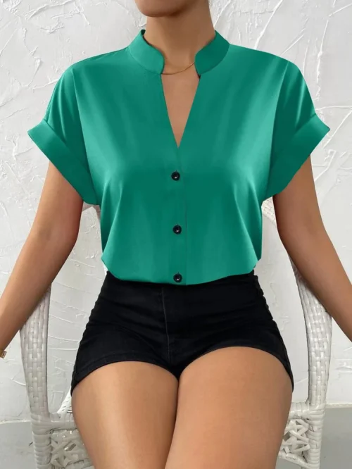 2024 verão com decote em v camisa feminina casual senhora do escritório cor sólida manga curta único breasted elegante blusa feminina femme blusas - Imagem 13