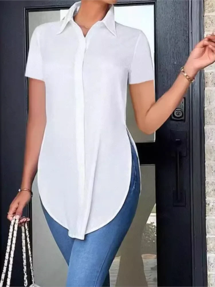 Blusas femininas verão casual branco camisa de manga curta moda ol lapela irregular camisas finas roupas femininas streetwear topos