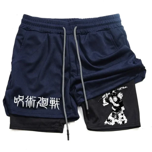 Calções de Anime Performance Masculina, Estampada Toji, Ginásio, Casual, Esportes, Treino, Corrida, Malha, Calça curta esportiva 2 em 1 - Imagem 15