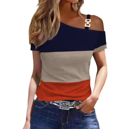 Blusa Feminina Fora do Ombro, Manga Curta, Folha de Metal, Camisa Diagonal, Casual Solta, Elegante Camisas de Escritório, Moda - Imagem 9