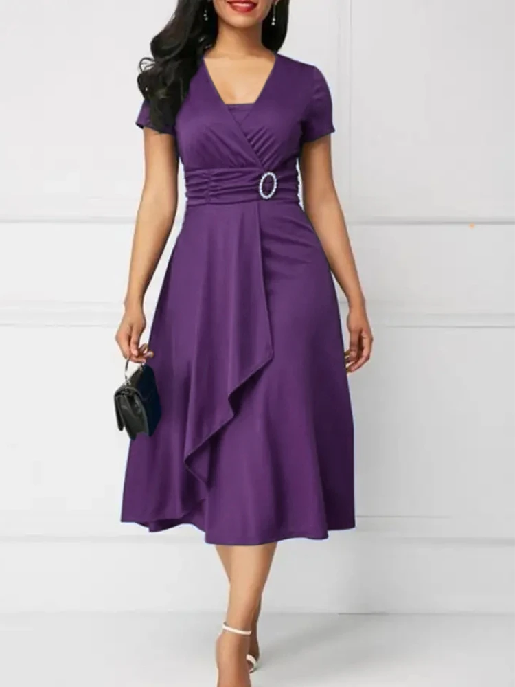 Vestidos de verão elegantes femininos cor sólida manga curta com decote em v assimétrico bainha cintura apertada midi vestido de festa senhoras vestidos de noite