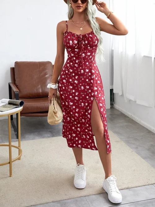 Vestido floral sem mangas feminino com fenda alta, cinta de espaguete estampa de flores, roupas femininas, verão, 2022 - Imagem 7