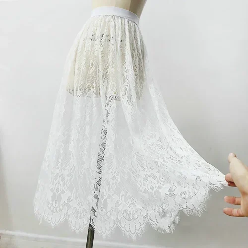 2 comprimento elegante saia preta renda branca transparente longa saia de tule senhoras elástica cintura alta praia midi saia transporte da gota - Imagem 3