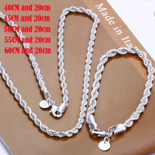 Cor prata 4mm corrente masculina corda torcida colar pulseiras moda feminina masculino prata conjunto de jóias de alta qualidade - Imagem 8